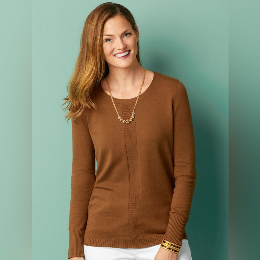 Talbots Womens 2XP Scallop Brown Solid Tight-Knit Sweater Cotton Classic Stretch